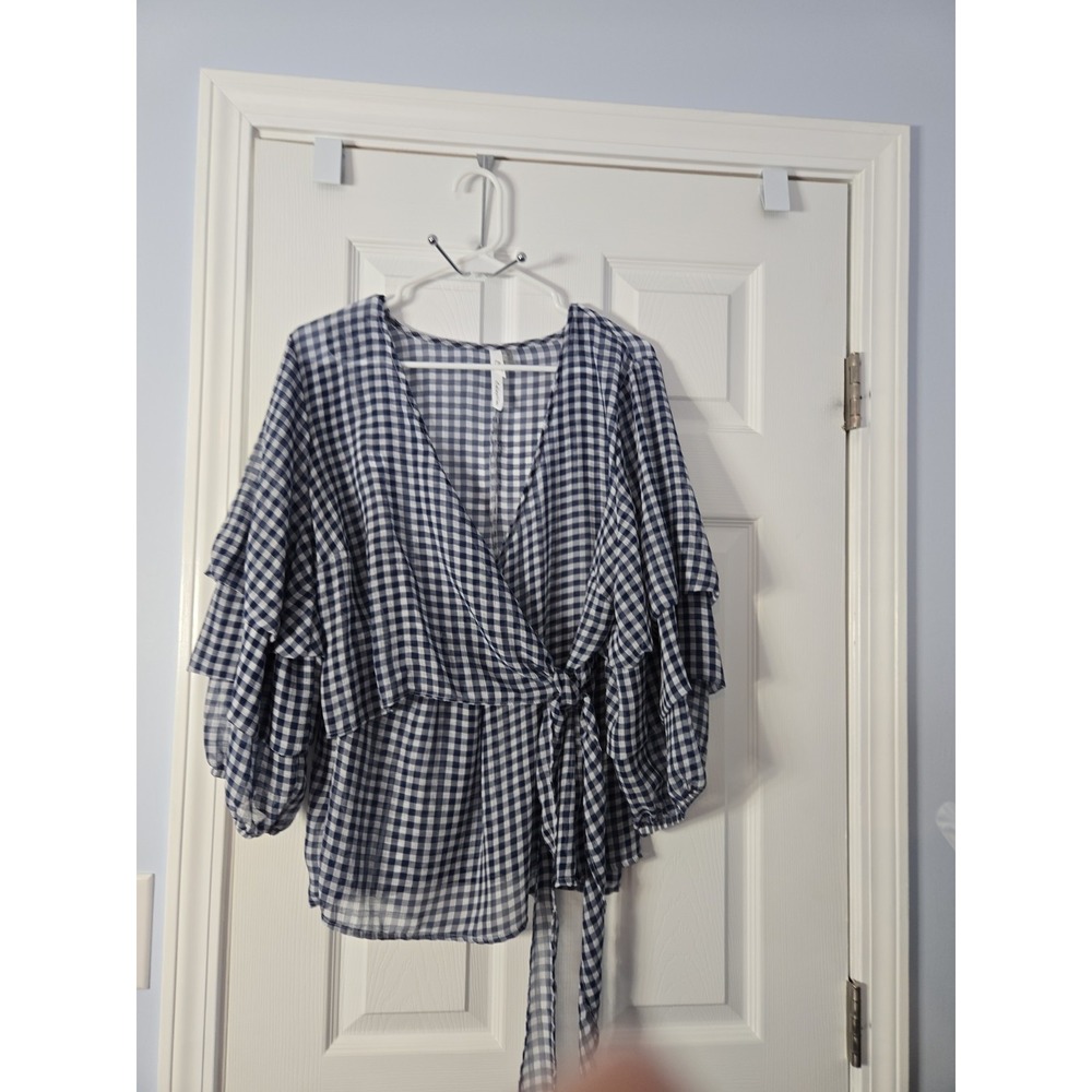 Ny Collection 3/4  Pleated Sleeves Plaid Size XL Blue & White